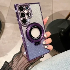 Phone Case For Samsung Galaxy S25 S24 S23 Ultra Plus S22 Plus Ultra Back Cover Magnetic Adsorption with Stand Holder Support Wireless Charging Bling Glitter Shiny TPU