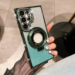 Phone Case For Samsung Galaxy S25 S24 S23 Ultra Plus S22 Plus Ultra Back Cover Magnetic Adsorption with Stand Holder Support Wireless Charging Bling Glitter Shiny TPU