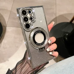 Phone Case For Samsung Galaxy S25 S24 S23 Ultra Plus S22 Plus Ultra Back Cover Magnetic Adsorption with Stand Holder Support Wireless Charging Bling Glitter Shiny TPU