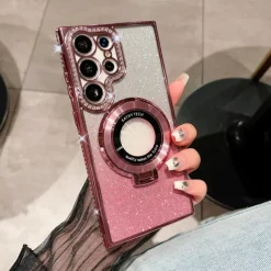 Phone Case For Samsung Galaxy S25 S24 S23 Ultra Plus S22 Plus Ultra Back Cover Magnetic Adsorption with Stand Holder Support Wireless Charging Bling Glitter Shiny TPU