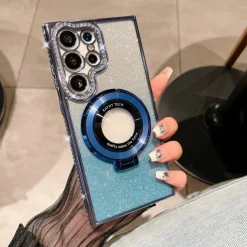 Phone Case For Samsung Galaxy S25 S24 S23 Ultra Plus S22 Plus Ultra Back Cover Magnetic Adsorption with Stand Holder Support Wireless Charging Bling Glitter Shiny TPU