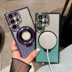 Phone Case For Samsung Galaxy S25 S24 S23 Ultra Plus S22 Plus Ultra Back Cover Magnetic Adsorption with Stand Holder Support Wireless Charging Bling Glitter Shiny TPU