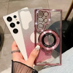 Phone Case For Samsung Galaxy S25 S24 S23 Ultra Plus S22 Plus Ultra Back Cover Magnetic Adsorption with Stand Holder Support Wireless Charging Bling Glitter Shiny TPU