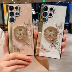Phone Case For Samsung Galaxy S25 S24 S23 S22 S21 FE S21 Ultra Plus S20 A52 Back Cover Bumper Frame Rhinestone Ring Holder Butterfly Glitter Shine Flower TPU PC