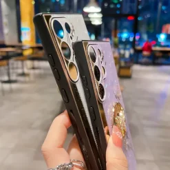 Phone Case For Samsung Galaxy S25 S24 S23 S22 S21 FE S21 Ultra Plus S20 A52 Back Cover Bumper Frame Rhinestone Ring Holder Butterfly Glitter Shine Flower TPU PC