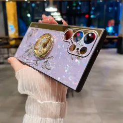 Phone Case For Samsung Galaxy S25 S24 S23 S22 S21 FE S21 Ultra Plus S20 A52 Back Cover Bumper Frame Rhinestone Ring Holder Butterfly Glitter Shine Flower TPU PC