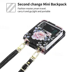 Phone Case For Samsung Galaxy Z Flip 6 Z Flip 5 Z Flip 4 Z Flip 3 Handbag Purse Wallet Case Flip Zipper with Removable Cross Body Strap Graphic Flower PU Leather