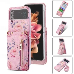 Phone Case For Samsung Galaxy Z Flip 6 Z Flip 5 Z Flip 4 Z Flip 3 Handbag Purse Wallet Case Flip Zipper with Removable Cross Body Strap Graphic Flower PU Leather