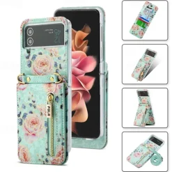 Phone Case For Samsung Galaxy Z Flip 6 Z Flip 5 Z Flip 4 Z Flip 3 Handbag Purse Wallet Case Flip Zipper with Removable Cross Body Strap Graphic Flower PU Leather