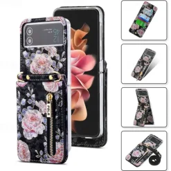 Phone Case For Samsung Galaxy Z Flip 6 Z Flip 5 Z Flip 4 Z Flip 3 Handbag Purse Wallet Case Flip Zipper with Removable Cross Body Strap Graphic Flower PU Leather