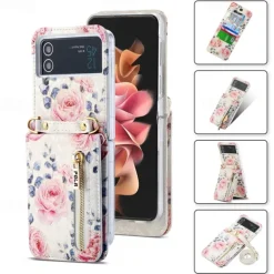 Phone Case For Samsung Galaxy Z Flip 6 Z Flip 5 Z Flip 4 Z Flip 3 Handbag Purse Wallet Case Flip Zipper with Removable Cross Body Strap Graphic Flower PU Leather