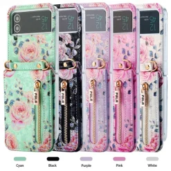 Phone Case For Samsung Galaxy Z Flip 6 Z Flip 5 Z Flip 4 Z Flip 3 Handbag Purse Wallet Case Flip Zipper with Removable Cross Body Strap Graphic Flower PU Leather