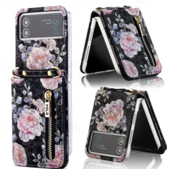 Phone Case For Samsung Galaxy Z Flip 6 Z Flip 5 Z Flip 4 Z Flip 3 Handbag Purse Wallet Case Flip Zipper with Removable Cross Body Strap Graphic Flower PU Leather