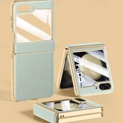 Phone Case For Samsung Galaxy Z Flip 6 Z Flip 5 Back Cover with Screen Protector Plating PU Leather