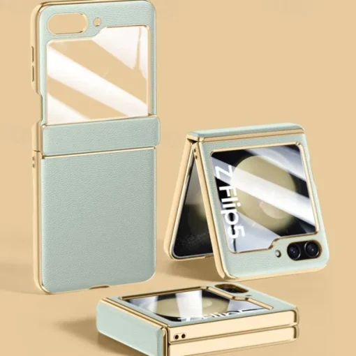 Phone Case For Samsung Galaxy Z Flip 6 Z Flip 5 Back Cover with Screen Protector Plating PU Leather