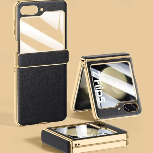 Phone Case For Samsung Galaxy Z Flip 6 Z Flip 5 Back Cover with Screen Protector Plating PU Leather