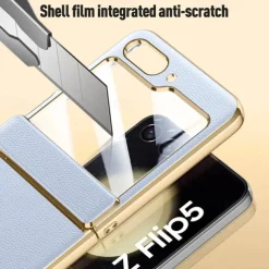 Phone Case For Samsung Galaxy Z Flip 6 Z Flip 5 Back Cover with Screen Protector Plating PU Leather