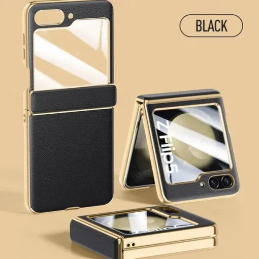Phone Case For Samsung Galaxy Z Flip 6 Z Flip 5 Back Cover with Screen Protector Plating PU Leather