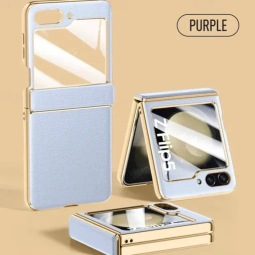 Phone Case For Samsung Galaxy Z Flip 6 Z Flip 5 Back Cover with Screen Protector Plating PU Leather