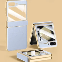 Phone Case For Samsung Galaxy Z Flip 6 Z Flip 5 Back Cover with Screen Protector Plating PU Leather