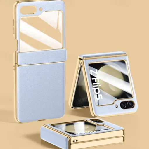 Phone Case For Samsung Galaxy Z Flip 6 Z Flip 5 Back Cover with Screen Protector Plating PU Leather