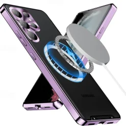 Phone Case For Samsung Galaxy S25 S24 S23 S23 FE S22 S21 Ultra Plus Magnetic Adsorption With Magsafe Camera Lens Protector Support Wireless Charging Shockproof Acrylic Aluminum Alloy