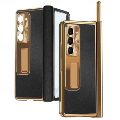 Phone Case For Samsung Galaxy Z Fold 7 Z Fold 6 Z Fold 5 Z Fold 4 Z Fold 3 Back Cover with Stand Holder with Screen Protector Pencil Holder PC Metal PU Leather