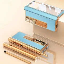 Phone Case For Samsung Galaxy Z Fold 7 Z Fold 6 Z Fold 5 Z Fold 4 Z Fold 3 Back Cover with Stand Holder with Screen Protector Pencil Holder PC Metal PU Leather