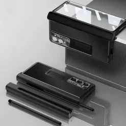 Phone Case For Samsung Galaxy Z Fold 7 Z Fold 6 Z Fold 5 Z Fold 4 Z Fold 3 Back Cover with Stand Holder with Screen Protector Pencil Holder PC Metal PU Leather