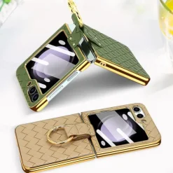 Phone Case For Samsung Galaxy Z Flip 6 Z Flip 5 Z Flip 4 Z Flip 3 Back Cover with Screen Protector Ring Holder Shockproof Retro TPU Metal PU Leather