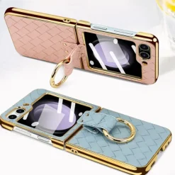 Phone Case For Samsung Galaxy Z Flip 6 Z Flip 5 Z Flip 4 Z Flip 3 Back Cover with Screen Protector Ring Holder Shockproof Retro TPU Metal PU Leather