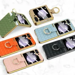Phone Case For Samsung Galaxy Z Flip 6 Z Flip 5 Z Flip 4 Z Flip 3 Back Cover with Screen Protector Ring Holder Shockproof Retro TPU Metal PU Leather