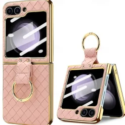 Phone Case For Samsung Galaxy Z Flip 6 Z Flip 5 Z Flip 4 Z Flip 3 Back Cover with Screen Protector Ring Holder Shockproof Retro TPU Metal PU Leather