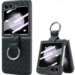 Phone Case For Samsung Galaxy Z Flip 6 Z Flip 5 Z Flip 4 Z Flip 3 Back Cover with Screen Protector Ring Holder Shockproof Retro TPU Metal PU Leather