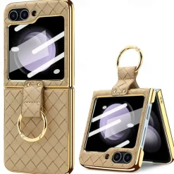Phone Case For Samsung Galaxy Z Flip 6 Z Flip 5 Z Flip 4 Z Flip 3 Back Cover with Screen Protector Ring Holder Shockproof Retro TPU Metal PU Leather