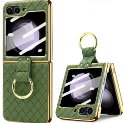 Phone Case For Samsung Galaxy Z Flip 6 Z Flip 5 Z Flip 4 Z Flip 3 Back Cover with Screen Protector Ring Holder Shockproof Retro TPU Metal PU Leather