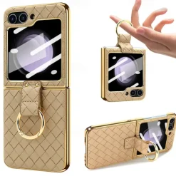 Phone Case For Samsung Galaxy Z Flip 6 Z Flip 5 Z Flip 4 Z Flip 3 Back Cover with Screen Protector Ring Holder Shockproof Retro TPU Metal PU Leather