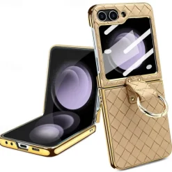 Phone Case For Samsung Galaxy Z Flip 6 Z Flip 5 Z Flip 4 Z Flip 3 Back Cover with Screen Protector Ring Holder Shockproof Retro TPU Metal PU Leather