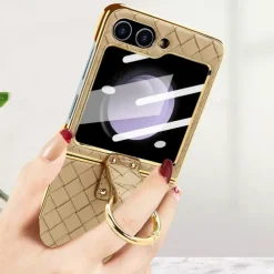Phone Case For Samsung Galaxy Z Flip 6 Z Flip 5 Z Flip 4 Z Flip 3 Back Cover with Screen Protector Ring Holder Shockproof Retro TPU Metal PU Leather