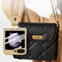 Phone Case For Samsung Galaxy Z Flip 6 Z Flip 5 Z Flip 4 Z Flip 3 Back Cover with Screen Protector Ring Holder Shockproof Retro TPU Metal PU Leather