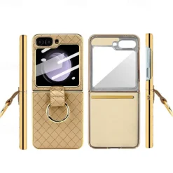Phone Case For Samsung Galaxy Z Flip 6 Z Flip 5 Z Flip 4 Z Flip 3 Back Cover with Screen Protector Ring Holder Shockproof Retro TPU Metal PU Leather