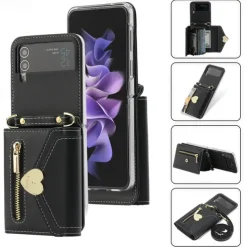Phone Case For Samsung Galaxy Z Flip 6 Z Flip 5 Z Flip 4 Z Flip 3 Handbag Purse Wallet Case Flip Zipper with Removable Cross Body Strap Solid Colored PU Leather