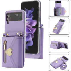 Phone Case For Samsung Galaxy Z Flip 6 Z Flip 5 Z Flip 4 Z Flip 3 Handbag Purse Wallet Case Flip Zipper with Removable Cross Body Strap Solid Colored PU Leather