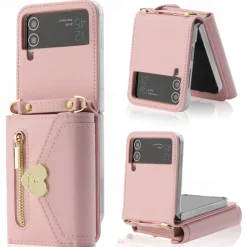 Phone Case For Samsung Galaxy Z Flip 6 Z Flip 5 Z Flip 4 Z Flip 3 Handbag Purse Wallet Case Flip Zipper with Removable Cross Body Strap Solid Colored PU Leather