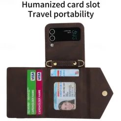 Phone Case For Z Flip 6 Z Flip 5 Z Flip 4 Z Flip 3 Back Cover with Stand Holder Zipper with Lanyard Retro TPU PU Leather