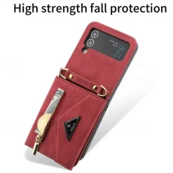 Phone Case For Z Flip 6 Z Flip 5 Z Flip 4 Z Flip 3 Back Cover with Stand Holder Zipper with Lanyard Retro TPU PU Leather