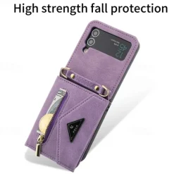 Phone Case For Z Flip 6 Z Flip 5 Z Flip 4 Z Flip 3 Back Cover with Stand Holder Zipper with Lanyard Retro TPU PU Leather