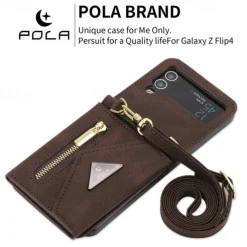 Phone Case For Z Flip 6 Z Flip 5 Z Flip 4 Z Flip 3 Back Cover with Stand Holder Zipper with Lanyard Retro TPU PU Leather