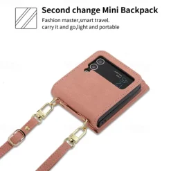 Phone Case For Z Flip 6 Z Flip 5 Z Flip 4 Z Flip 3 Back Cover with Stand Holder Zipper with Lanyard Retro TPU PU Leather