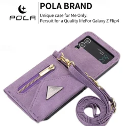 Phone Case For Z Flip 6 Z Flip 5 Z Flip 4 Z Flip 3 Back Cover with Stand Holder Zipper with Lanyard Retro TPU PU Leather